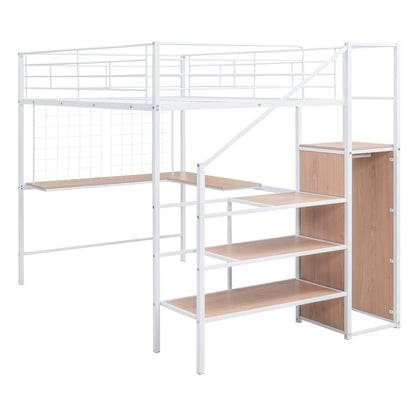 Black Platform Solid and Manufactured Wood And Metal Full Double Loft Bed with Desk and Shelves