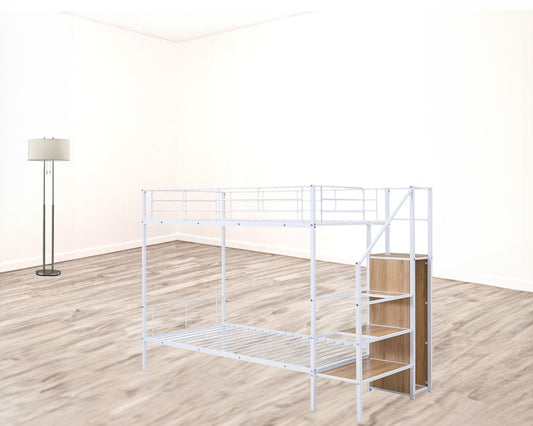 White Twin Over Twin Metal Bunk Bed With Stairs And Storage