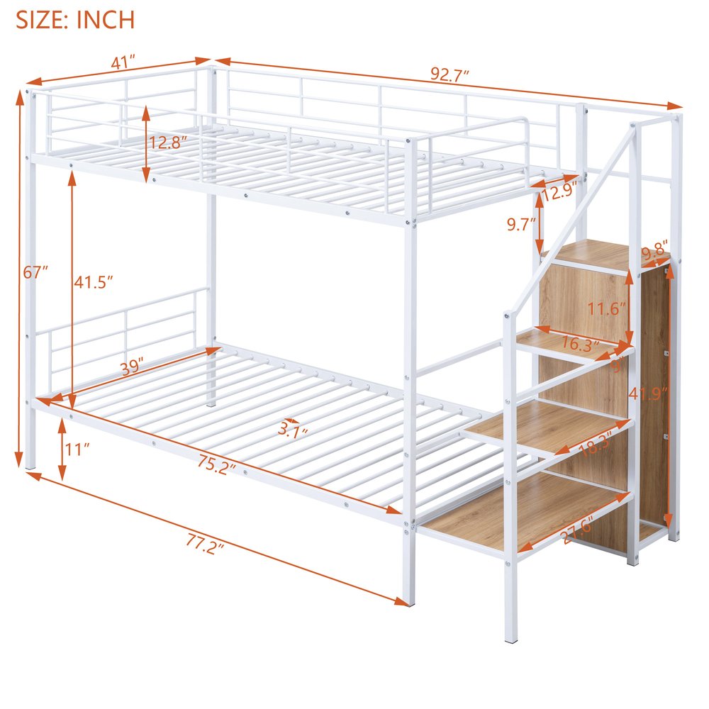 White Twin Over Twin Metal Bunk Bed With Stairs And Storage