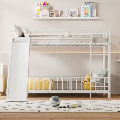 White Twin Over Twin Metal Bunk Bed With Slide