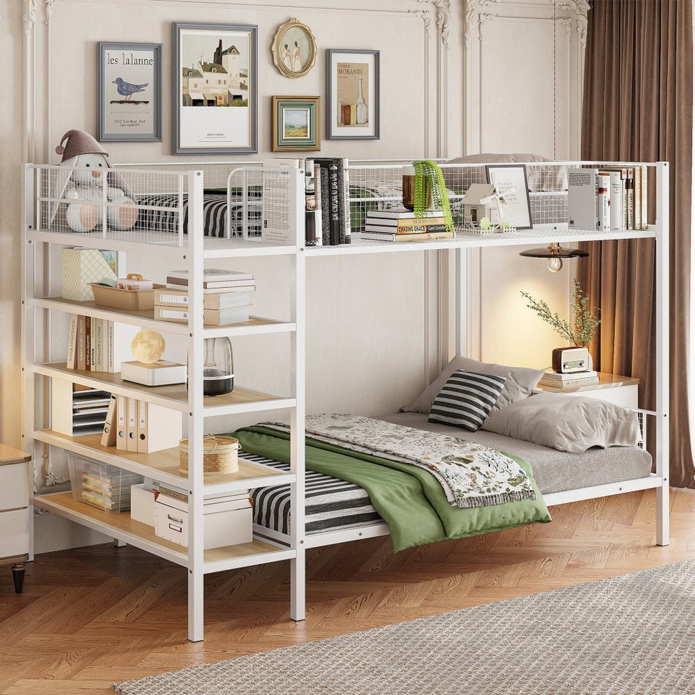 White Twin Over Full Industrial Metal Bunk Bed With Shelves