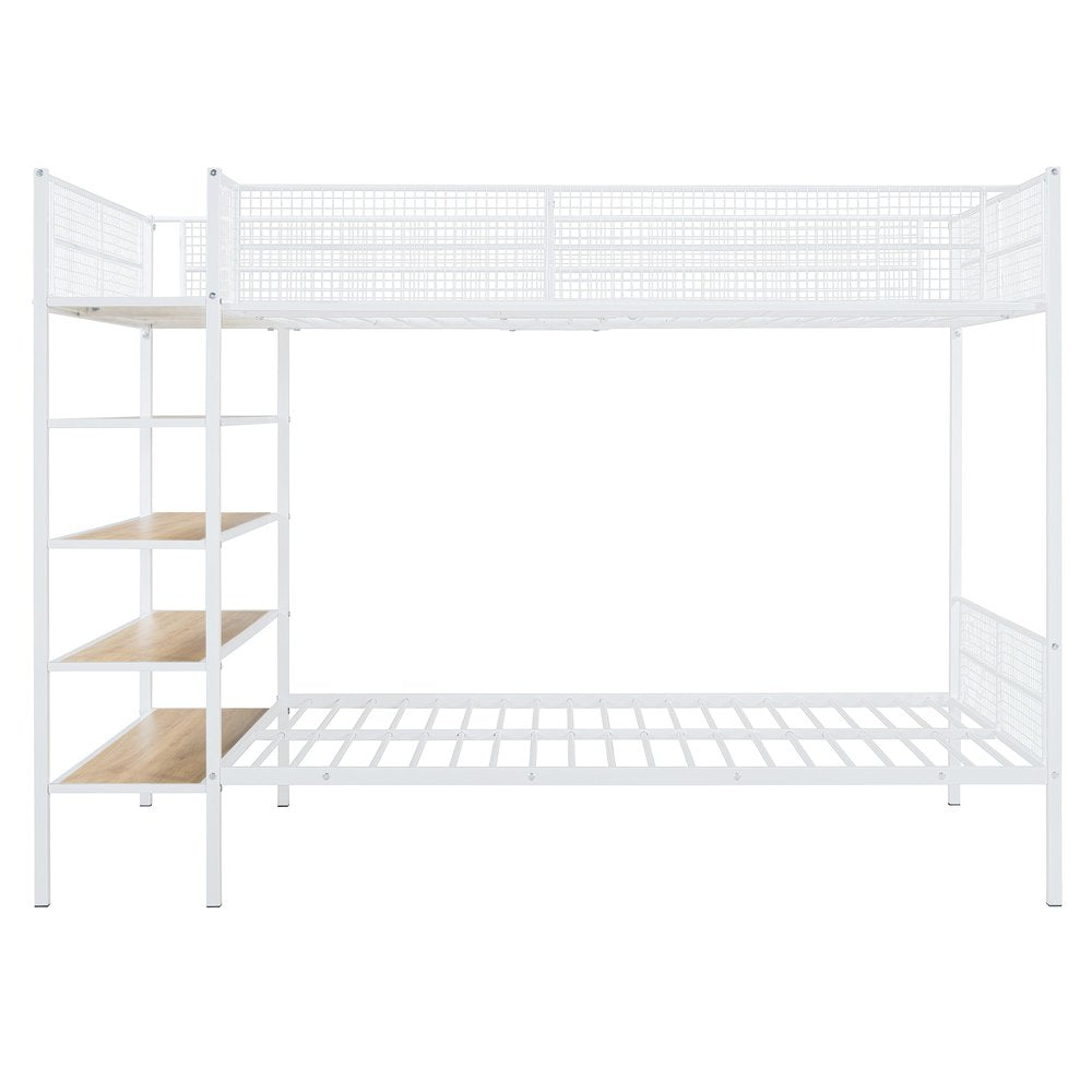 White Twin Over Full Industrial Metal Bunk Bed With Shelves