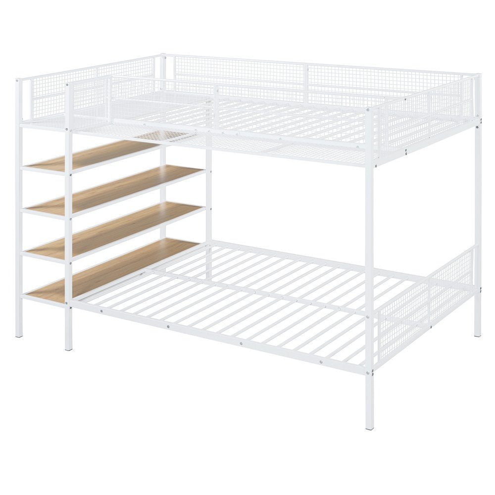 White Twin Over Full Industrial Metal Bunk Bed With Shelves