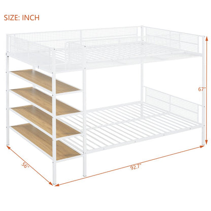 White Twin Over Full Industrial Metal Bunk Bed With Shelves