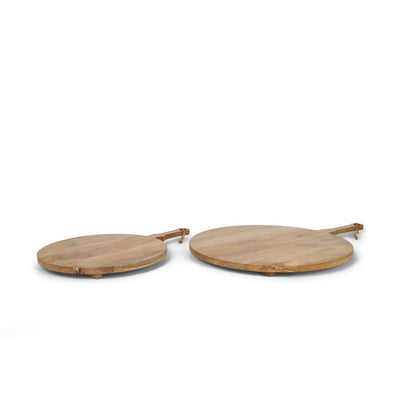 Set of Two Natural Solid Wood Handmade Round Serve Boards With Handles