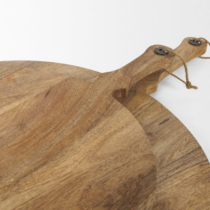 Set of Two Natural Solid Wood Handmade Round Serve Boards With Handles