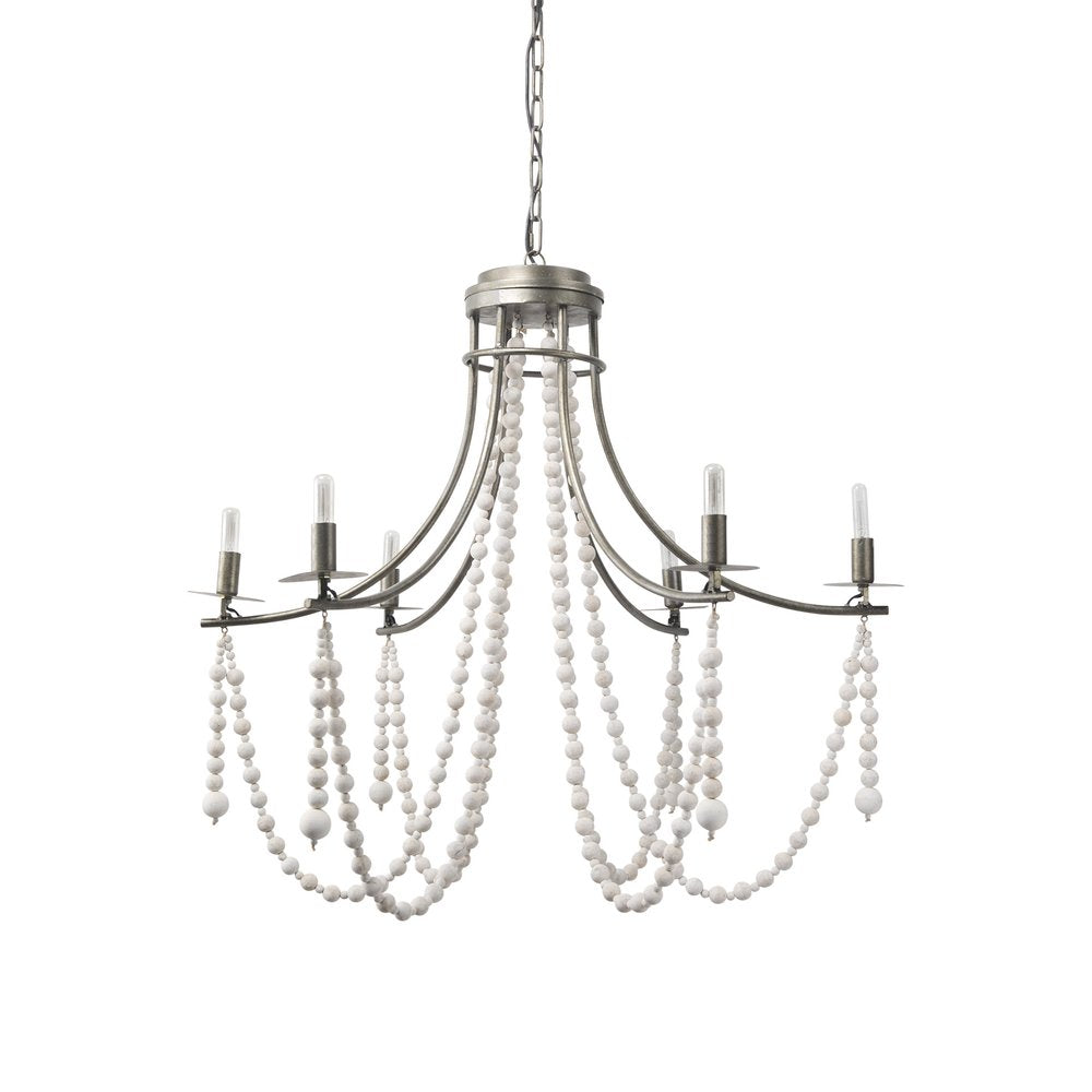 White And Silver Candle Style Six Light Metal and Beads Dimmable Chandelier