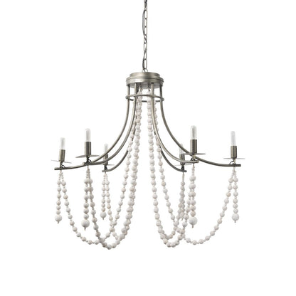 White And Silver Candle Style Six Light Metal and Beads Dimmable Chandelier