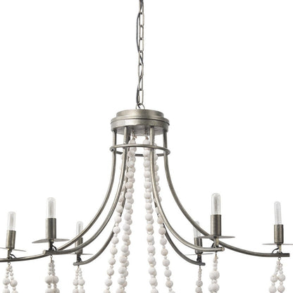 White And Silver Candle Style Six Light Metal and Beads Dimmable Chandelier