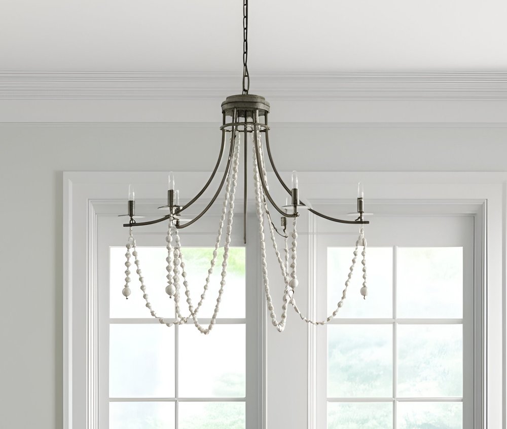 White And Silver Candle Style Six Light Metal and Beads Dimmable Chandelier