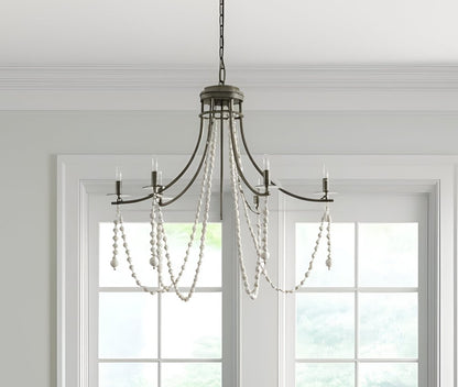 White And Silver Candle Style Six Light Metal and Beads Dimmable Chandelier
