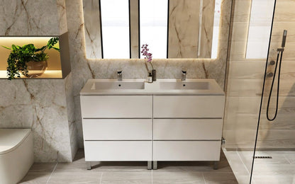 64" White Wood Freestanding Bathroom Vanity With White Sink And Three Drawers