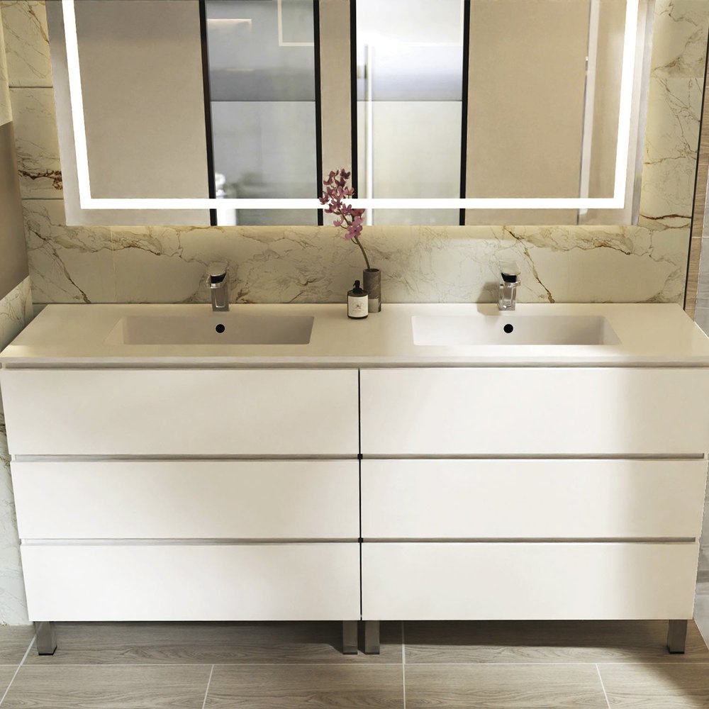 72" White Wood Freestanding Bathroom Vanity With White Sink And Three Drawers