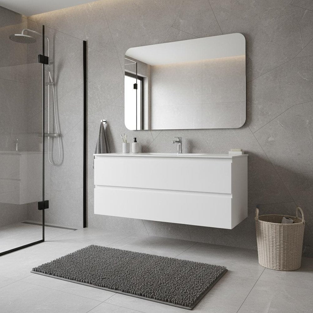 48" White Wood Freestanding Bathroom Vanity With White Sink And Two Drawers