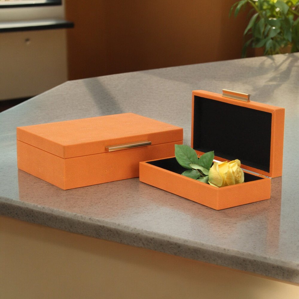 Set Of Two Orange Faux Shagreen Jewelry Boxes With Decorative Hardware