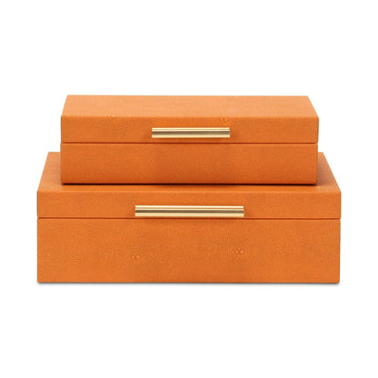 Set Of Two Orange Faux Shagreen Jewelry Boxes With Decorative Hardware