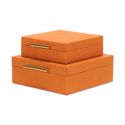 Set Of Two Modern Orange Faux Shagreen Jewelry Boxes With Decorative Hardware