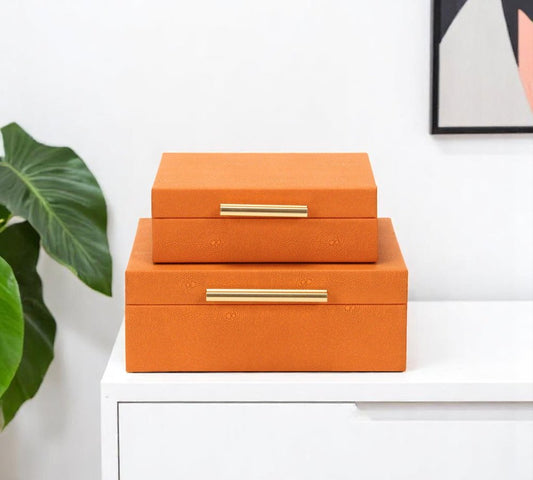 Set Of Two Modern Orange Faux Shagreen Jewelry Boxes With Decorative Hardware