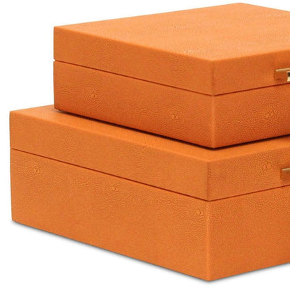 Set Of Two Modern Orange Faux Shagreen Jewelry Boxes With Decorative Hardware