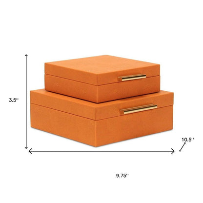 Set Of Two Modern Orange Faux Shagreen Jewelry Boxes With Decorative Hardware