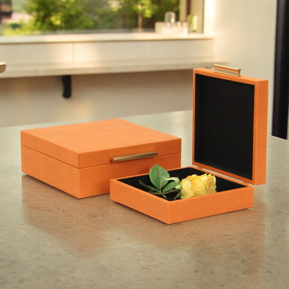 Set Of Two Modern Orange Faux Shagreen Jewelry Boxes With Decorative Hardware