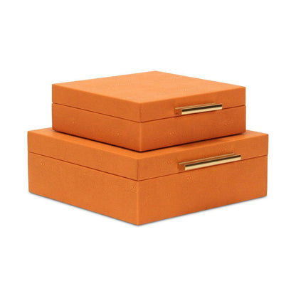 Set Of Two Modern Orange Faux Shagreen Jewelry Boxes With Decorative Hardware