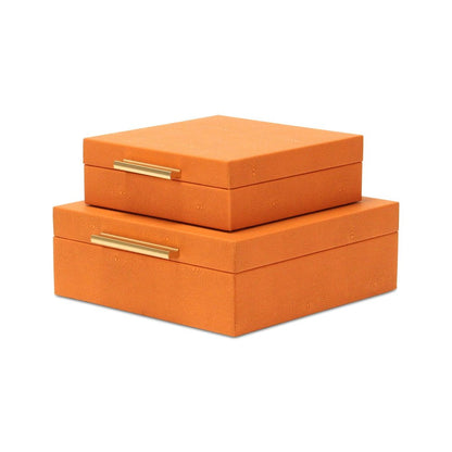 Set Of Two Modern Orange Faux Shagreen Jewelry Boxes With Decorative Hardware