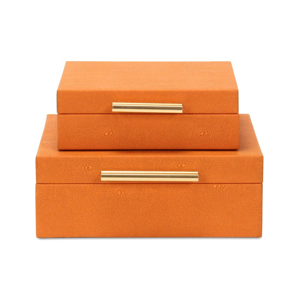 Set Of Two Modern Orange Faux Shagreen Jewelry Boxes With Decorative Hardware
