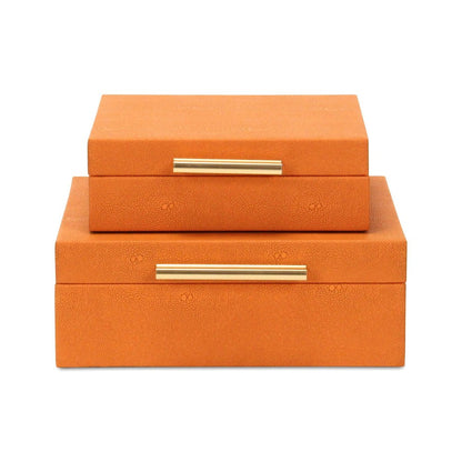 Set Of Two Modern Orange Faux Shagreen Jewelry Boxes With Decorative Hardware