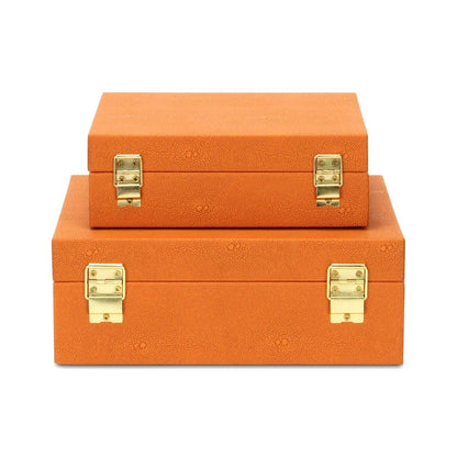 Set Of Two Modern Orange Faux Shagreen Jewelry Boxes With Decorative Hardware