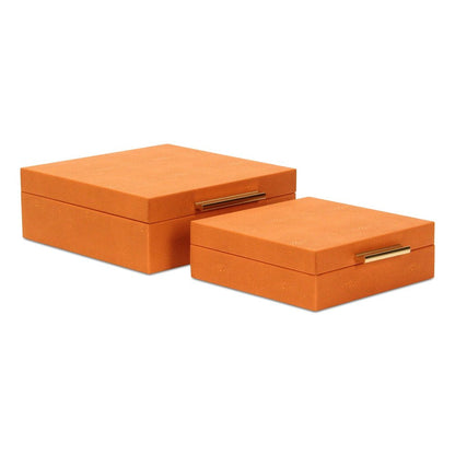 Set Of Two Modern Orange Faux Shagreen Jewelry Boxes With Decorative Hardware