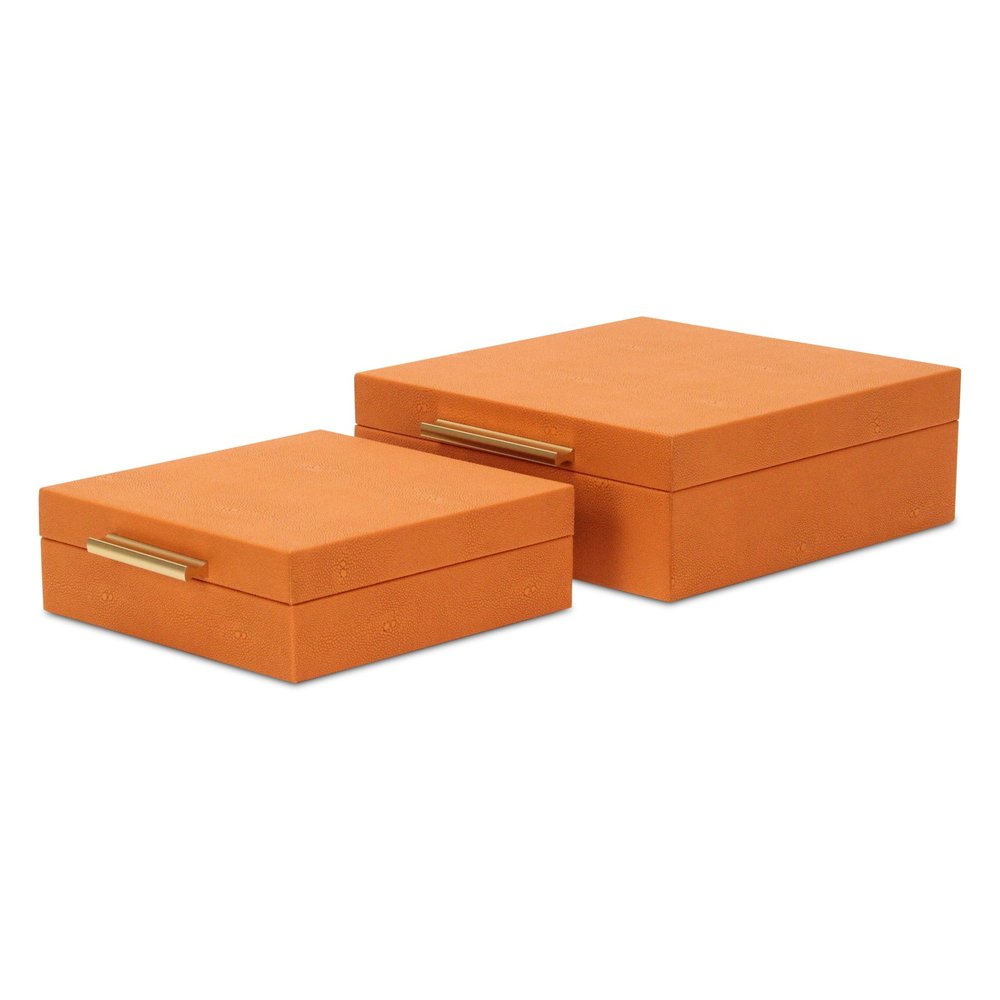 Set Of Two Modern Orange Faux Shagreen Jewelry Boxes With Decorative Hardware