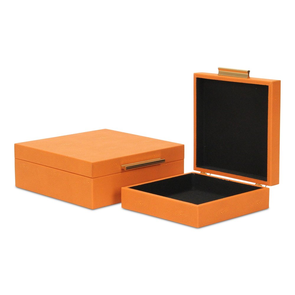 Set Of Two Modern Orange Faux Shagreen Jewelry Boxes With Decorative Hardware