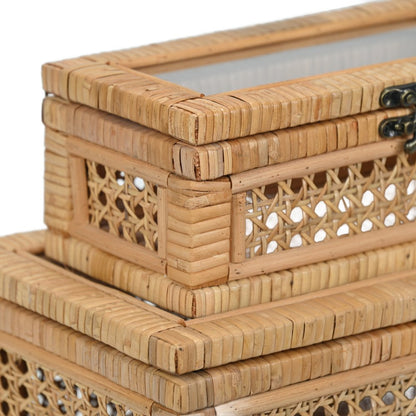 Set Of Two Natural Wood Rattan And Glass  Jewelry Boxes