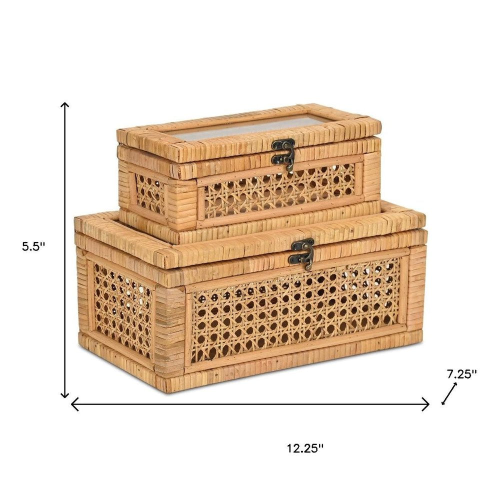 Set Of Two Natural Wood Rattan And Glass  Jewelry Boxes