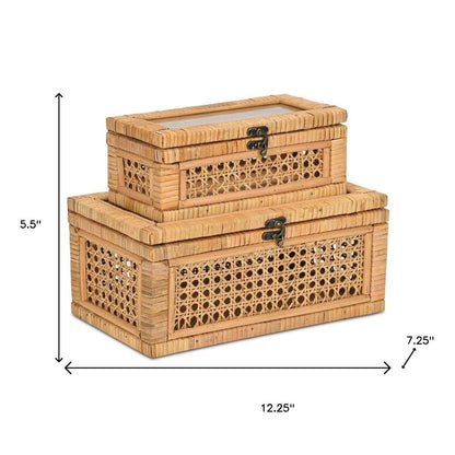 Set Of Two Natural Wood Rattan And Glass  Jewelry Boxes