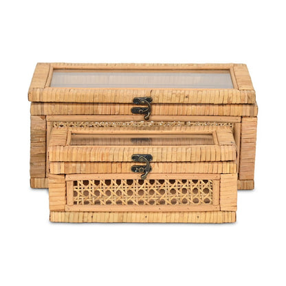 Set Of Two Natural Wood Rattan And Glass  Jewelry Boxes