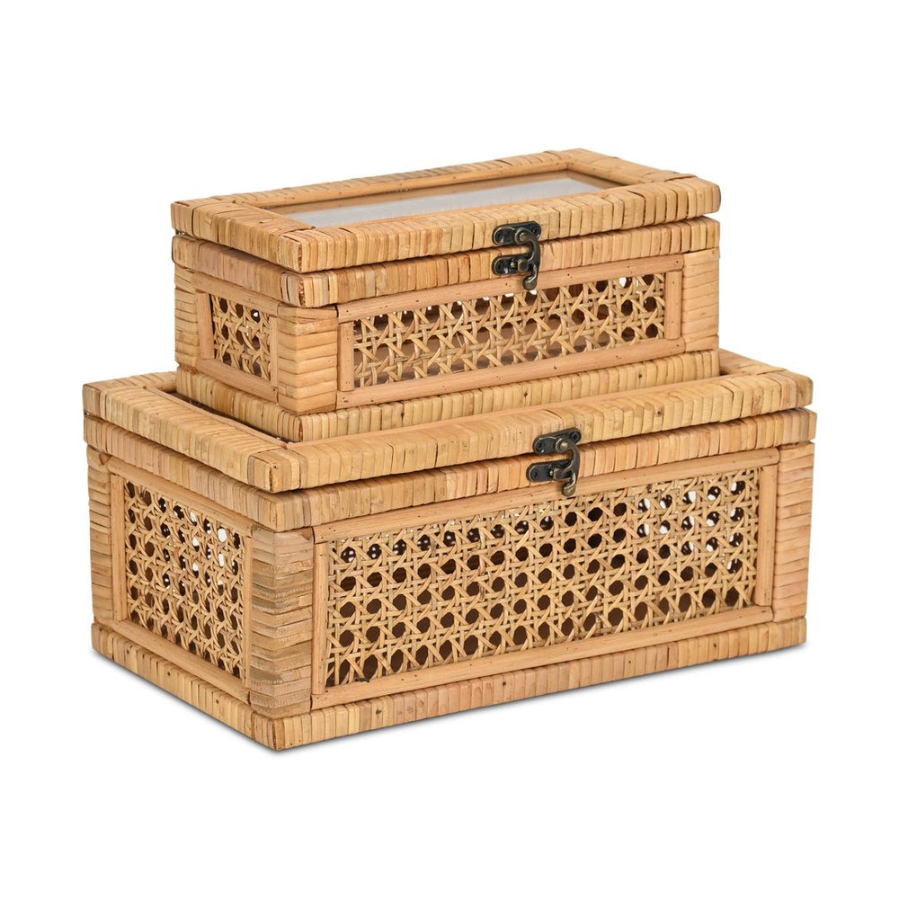 Set Of Two Natural Wood Rattan And Glass  Jewelry Boxes