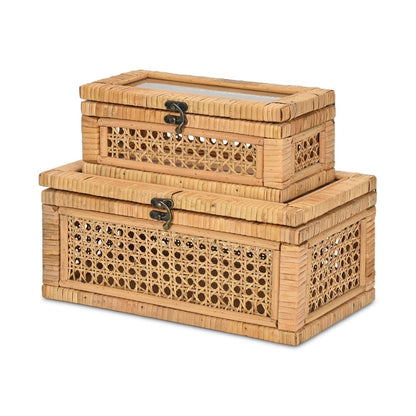 Set Of Two Natural Wood Rattan And Glass  Jewelry Boxes