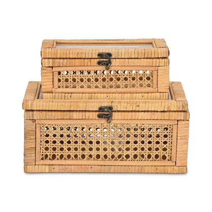 Set Of Two Natural Wood Rattan And Glass  Jewelry Boxes