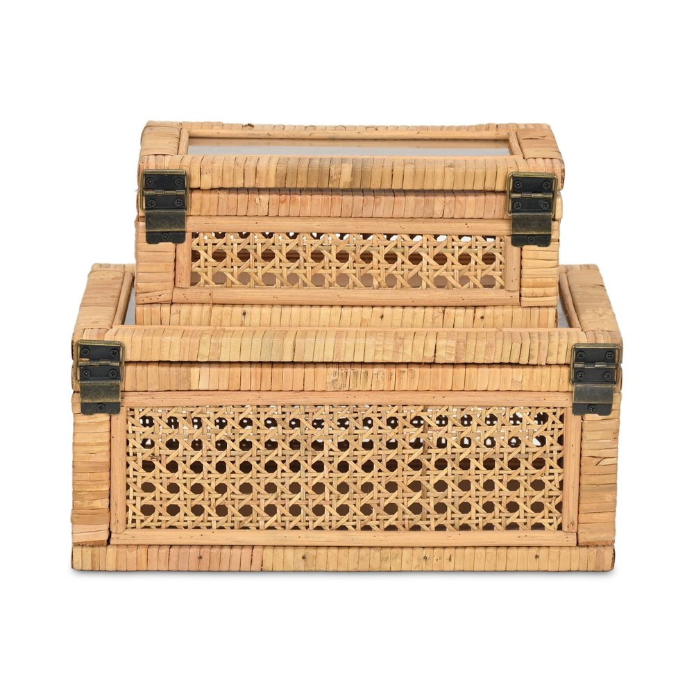 Set Of Two Natural Wood Rattan And Glass  Jewelry Boxes