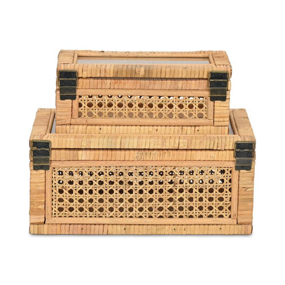 Set Of Two Natural Wood Rattan And Glass  Jewelry Boxes