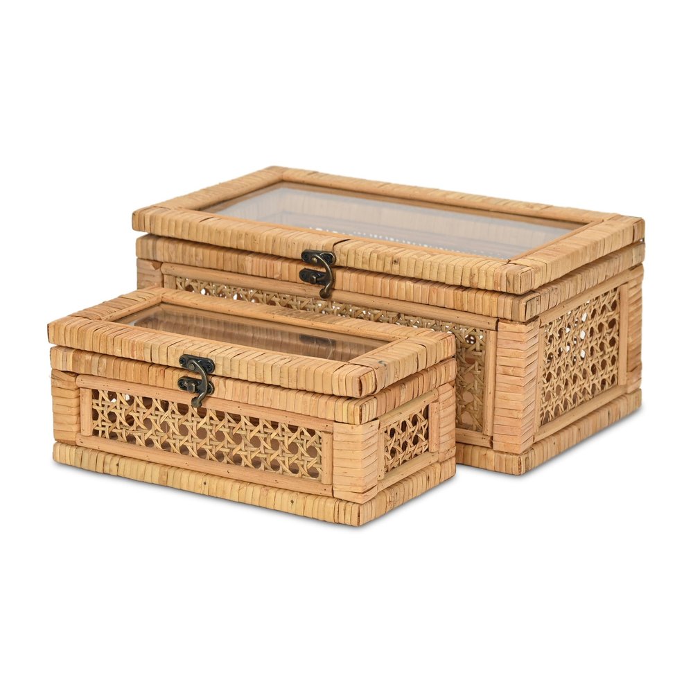 Set Of Two Natural Wood Rattan And Glass  Jewelry Boxes