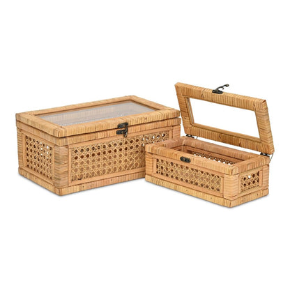 Set Of Two Natural Wood Rattan And Glass  Jewelry Boxes