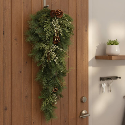 17" Brown And Green Winter Linear Juniper And Pinecone Wreath Wall Swag