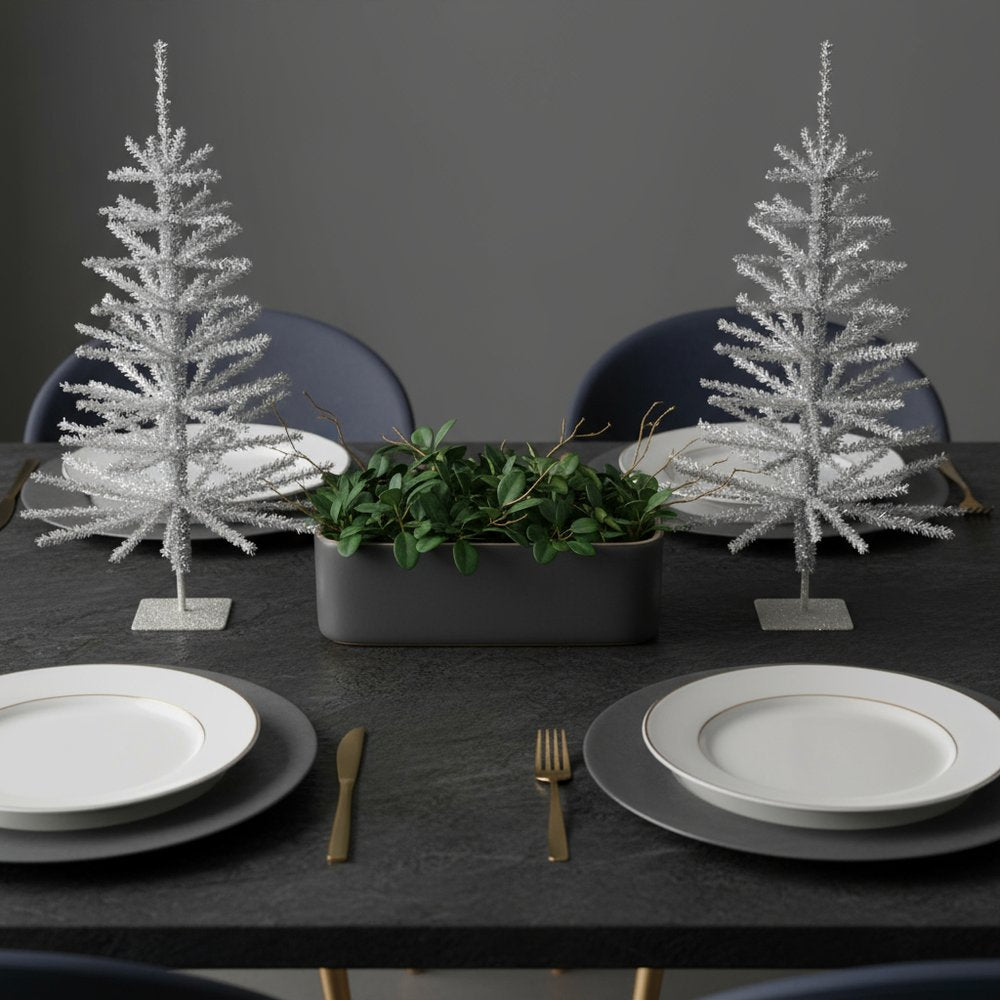 Set Of Two Silver Tinsel Sparse Pine Christmas Trees