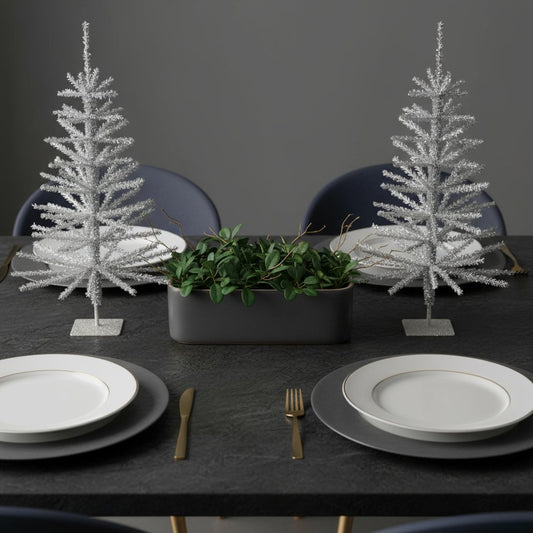 Set Of Two Silver Tinsel Sparse Pine Christmas Trees