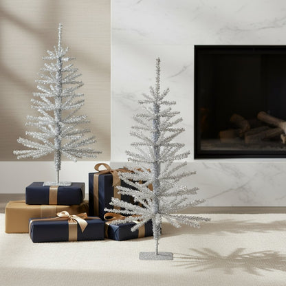 Set Of Two Silver Tinsel Sparse Pine Christmas Trees