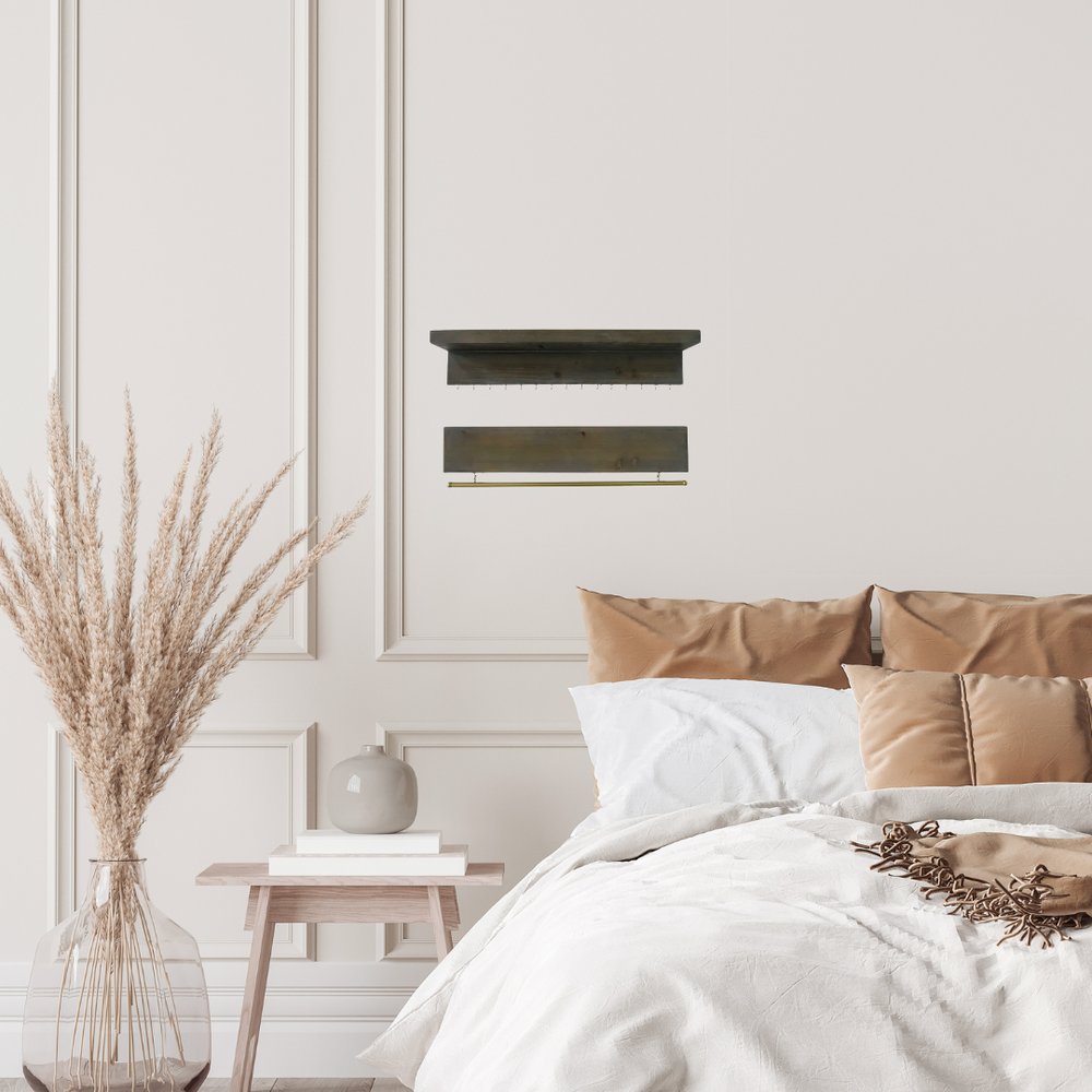 Set Of Two Brown Wood Wall Mounted Accent Shelves With Hooks