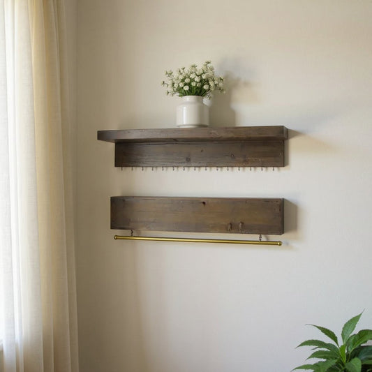 Set Of Two Brown Wood Wall Mounted Accent Shelves With Hooks